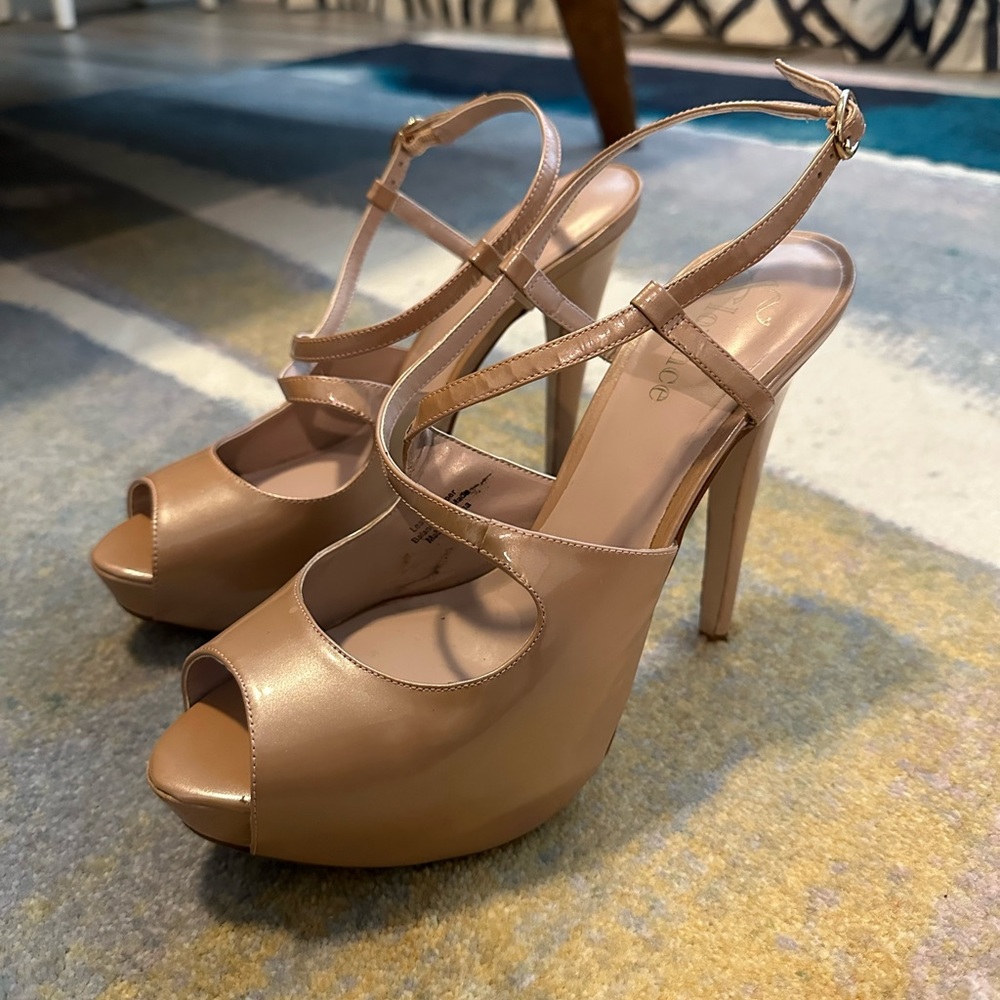 Flounce Blush sparkle open toe platform heels